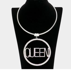 QUEEN Rhinestone Embellished Message Open Circle Pendant Necklace